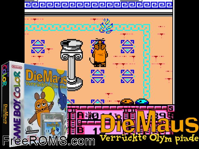 Maus, Die - Verrueckte Olympiade (Germany) Gameboy Color game showing 3D box cover and gameplay screenshot