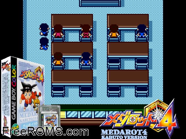 Medarot 4 - Kabuto Version (Japan) Gameboy Color game showing 3D box cover and gameplay screenshot