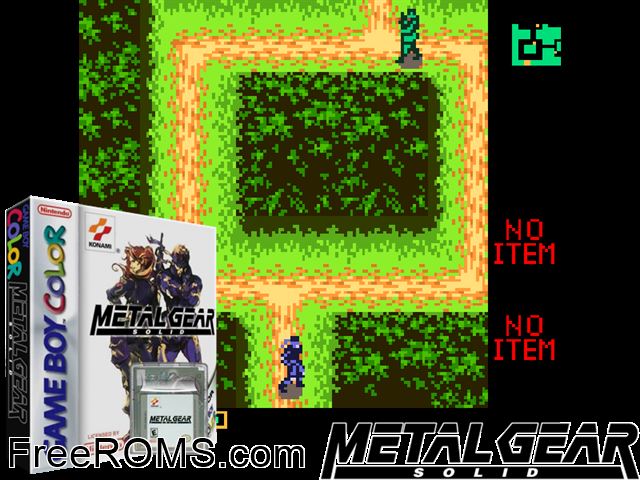 Metal Gear Solid Gameboy Color game showing 3D box cover and gameplay screenshot