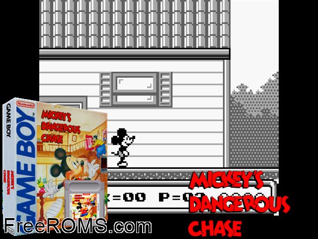 Mickeys Dangerous Chase Gameboy Color game showing 3D box cover and gameplay screenshot