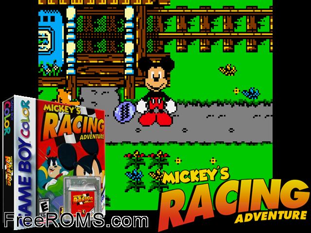 Mickeys Racing Adventure Gameboy Color game showing 3D box cover and gameplay screenshot