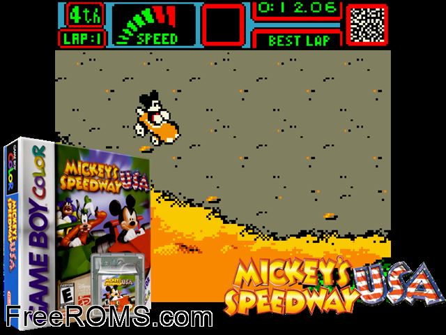 Mickeys Speedway Usa Gameboy Color game showing 3D box cover and gameplay screenshot