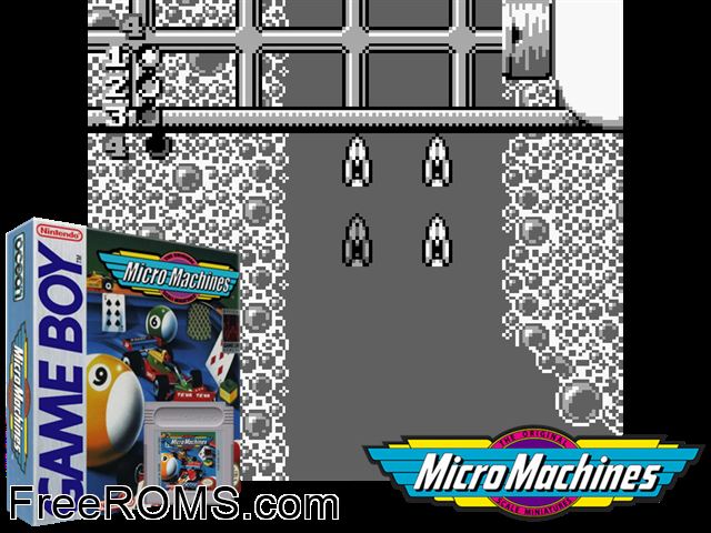 Micro Machines Gameboy Color game showing 3D box cover and gameplay screenshot