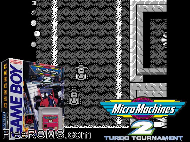 Micro Machines 2 Gameboy Color game showing 3D box cover and gameplay screenshot