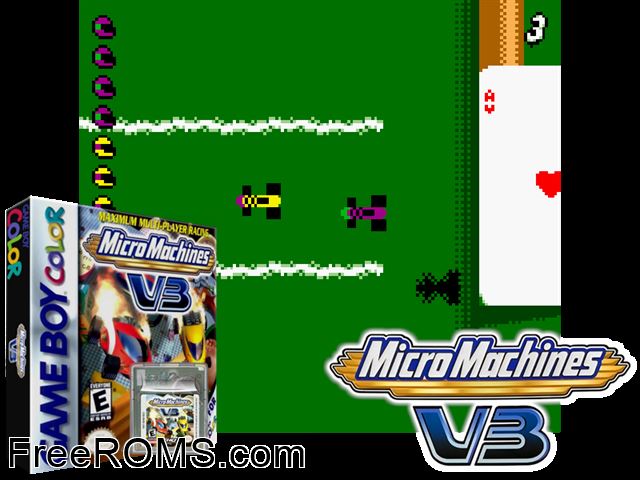 Micro Machines V3 Gameboy Color game showing 3D box cover and gameplay screenshot