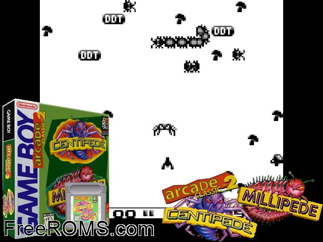Millipede - Centipede Gameboy Color game showing 3D box cover and gameplay screenshot