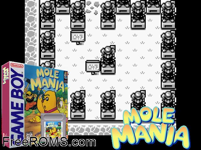 Mole Mania Gameboy Color game showing 3D box cover and gameplay screenshot