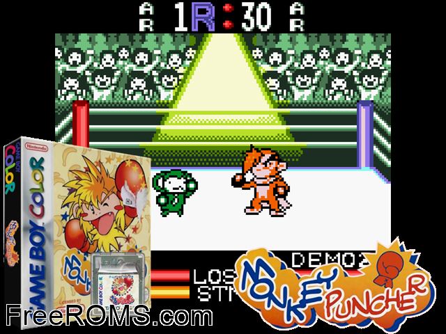 Monkey Puncher Gameboy Color game showing 3D box cover and gameplay screenshot