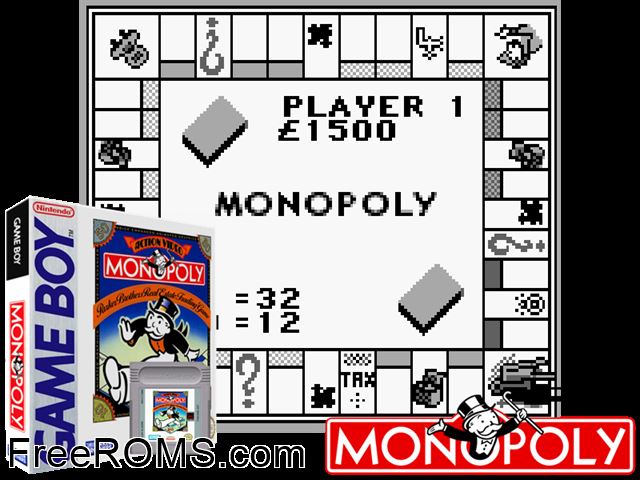 Monopoly Gameboy Color game showing 3D box cover and gameplay screenshot