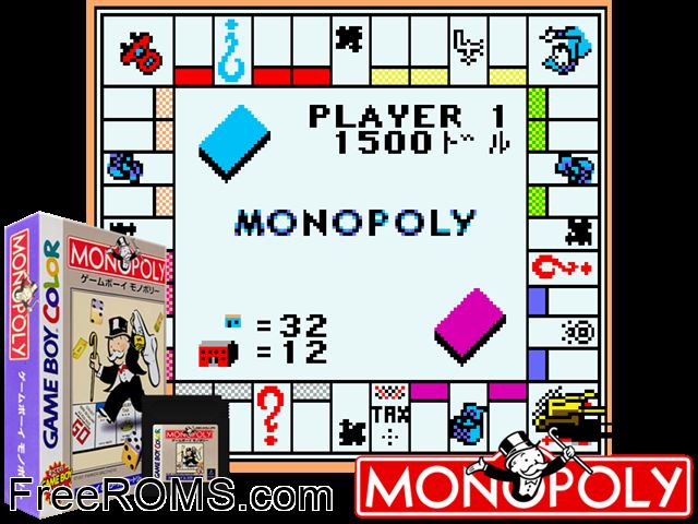 Monopoly (Japan) Gameboy Color game showing 3D box cover and gameplay screenshot