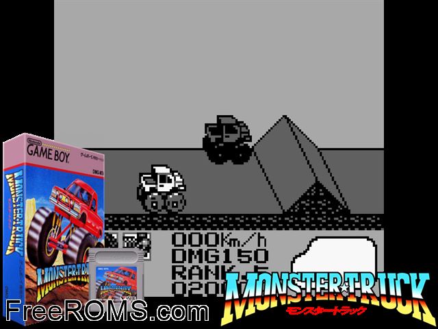 Monster Truck (Japan) Gameboy Color game showing 3D box cover and gameplay screenshot