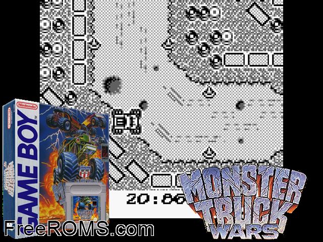 Monster Truck Wars Gameboy Color game showing 3D box cover and gameplay screenshot