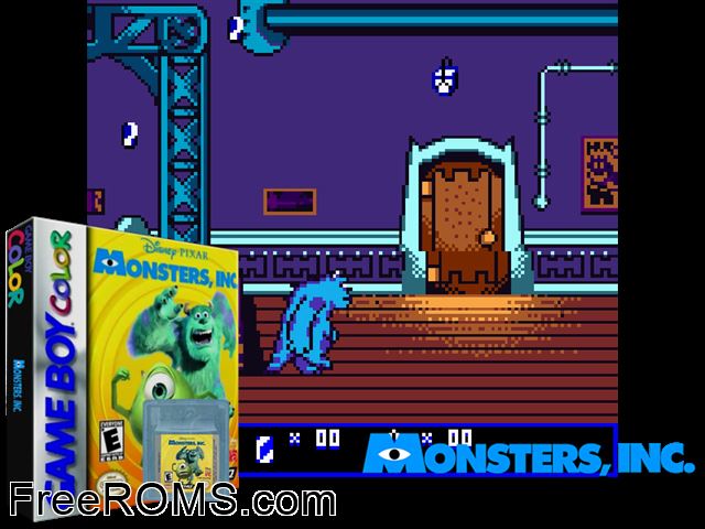 Monsters, Inc. Gameboy Color game showing 3D box cover and gameplay screenshot