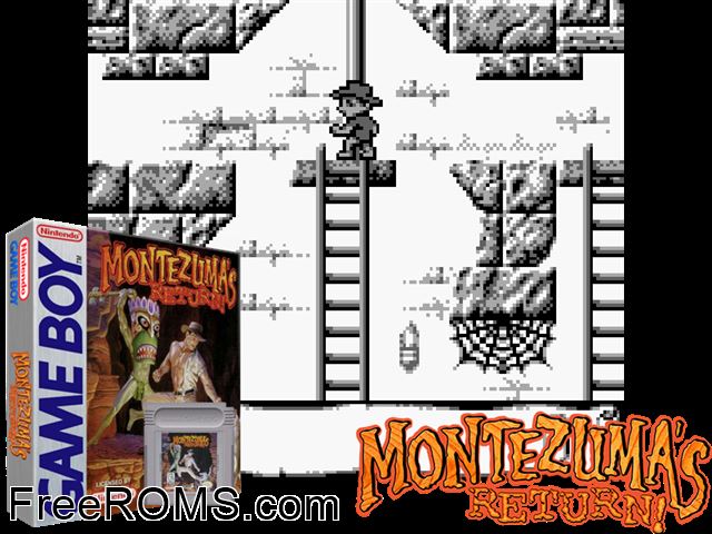 Montezumas Return Gameboy Color game showing 3D box cover and gameplay screenshot