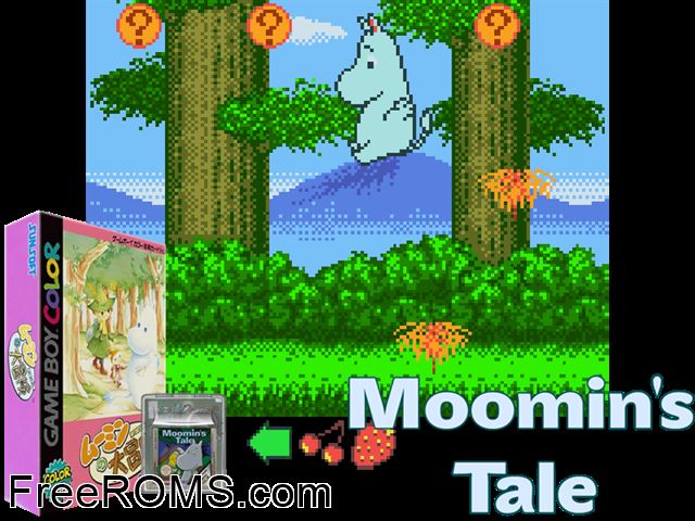 Moomin No Daibouken (Japan) Gameboy Color game showing 3D box cover and gameplay screenshot