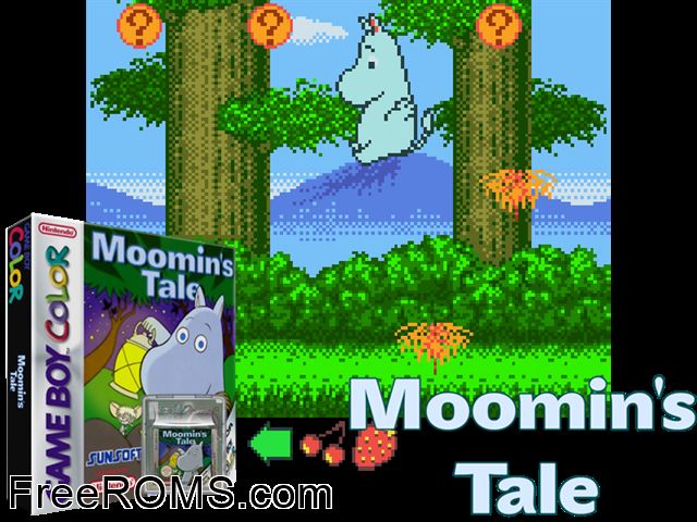 Moomins Tale Gameboy Color game showing 3D box cover and gameplay screenshot