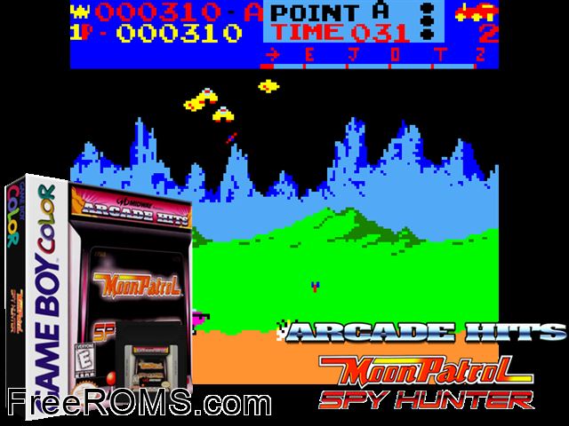 Moon Patrol And Spy Hunter Gameboy Color game showing 3D box cover and gameplay screenshot