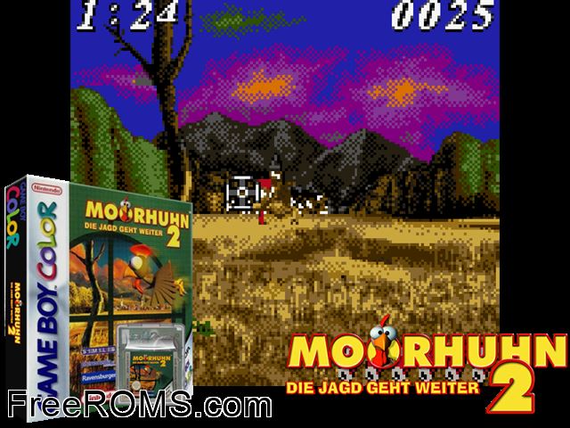 Moorhuhn 2 - Die Jagd Geht Weiter (Germany) Gameboy Color game showing 3D box cover and gameplay screenshot