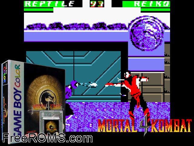 Mortal Kombat 4 Gameboy Color game showing 3D box cover and gameplay screenshot