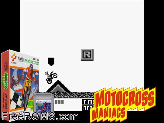 Motocross Maniacs (Japan) Gameboy Color game showing 3D box cover and gameplay screenshot
