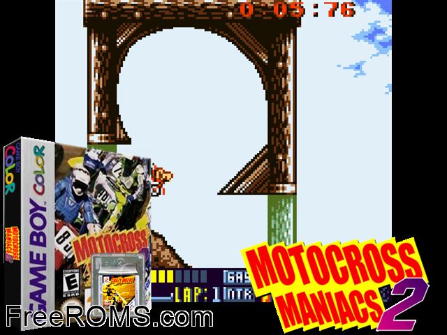 Motocross Maniacs 2 Gameboy Color game showing 3D box cover and gameplay screenshot