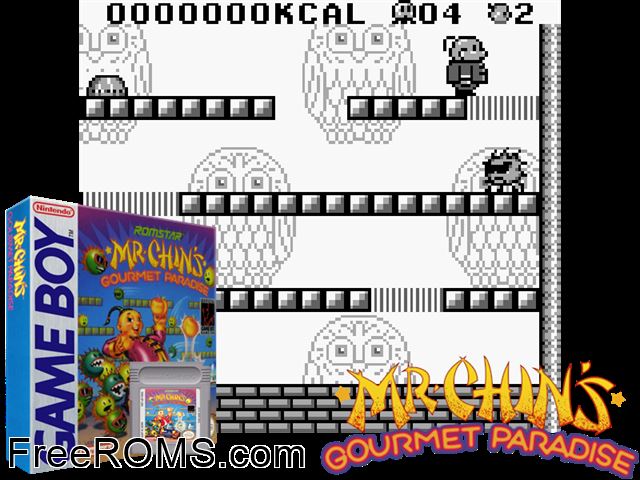 Mr. Chins Gourmet Paradise Gameboy Color game showing 3D box cover and gameplay screenshot