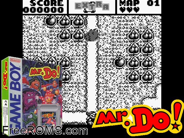 Mr. Do! Gameboy Color game showing 3D box cover and gameplay screenshot