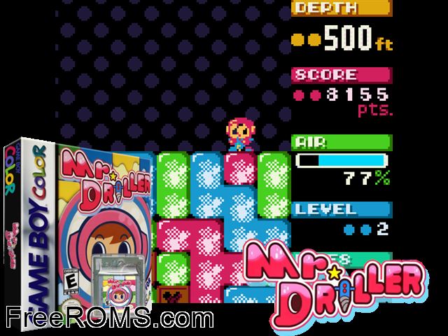 Mr. Driller Gameboy Color game showing 3D box cover and gameplay screenshot