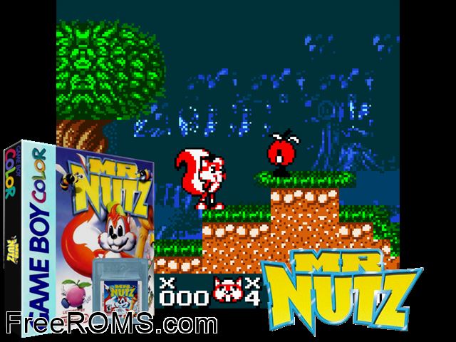 Mr Nutz Gameboy Color game showing 3D box cover and gameplay screenshot
