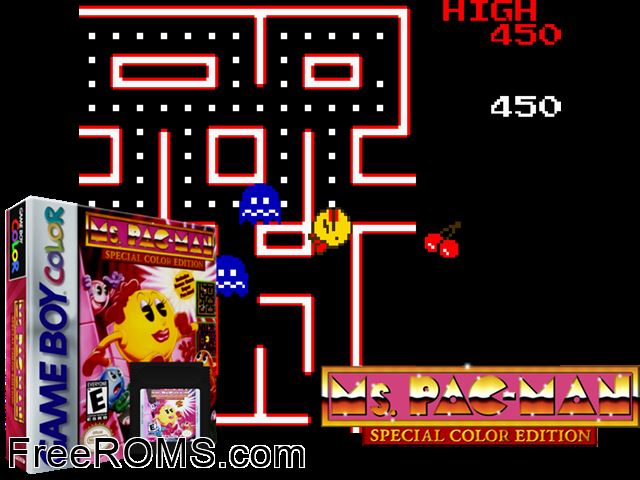 Ms. Pac-Man Special Color Edition Gameboy Color game showing 3D box cover and gameplay screenshot