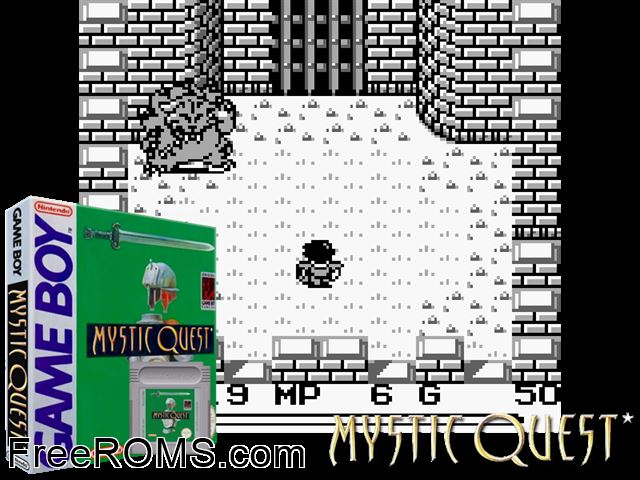 Mystic Quest Gameboy Color game showing 3D box cover and gameplay screenshot