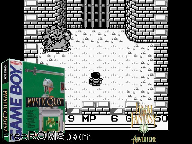 Mystic Quest (France) Gameboy Color game showing 3D box cover and gameplay screenshot