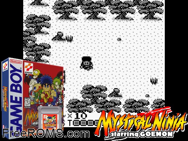 Mystical Ninja Gameboy Color game showing 3D box cover and gameplay screenshot