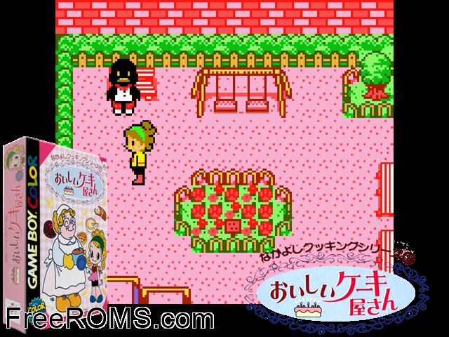 Nakayoshi Cooking Series 1 - Oishii Cake Okusan (Japan) Gameboy Color game showing 3D box cover and gameplay screenshot