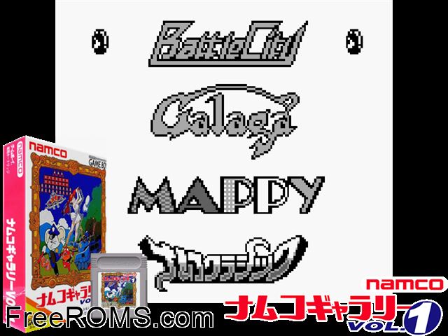 Namco Gallery Vol.1 (Japan) Gameboy Color game showing 3D box cover and gameplay screenshot