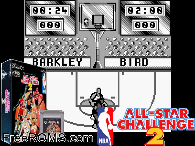 Nba All Star Challenge 2 (Japan) Gameboy Color game showing 3D box cover and gameplay screenshot