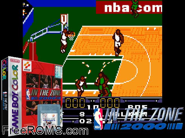 Nba In The Zone 2000 Gameboy Color game showing 3D box cover and gameplay screenshot