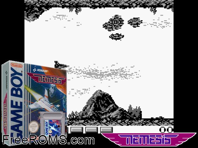 Nemesis Gameboy Color game showing 3D box cover and gameplay screenshot