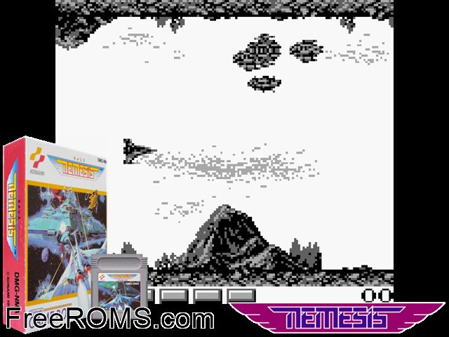 Nemesis (Japan) Gameboy Color game showing 3D box cover and gameplay screenshot