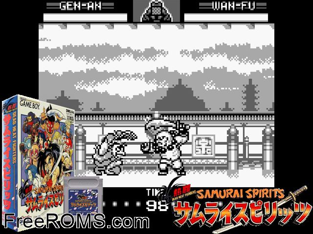 Nettou Samurai Spirits (Japan) Gameboy Color game showing 3D box cover and gameplay screenshot