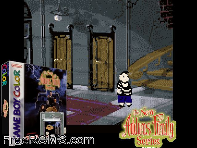 New Addams Family Series, The Gameboy Color game showing 3D box cover and gameplay screenshot