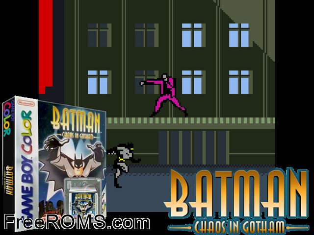 New Batman Adventures, The - Chaos In Gotham Gameboy Color game showing 3D box cover and gameplay screenshot