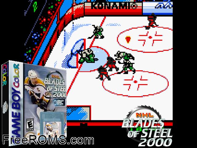 Nhl Blades Of Steel 2000 Gameboy Color game showing 3D box cover and gameplay screenshot