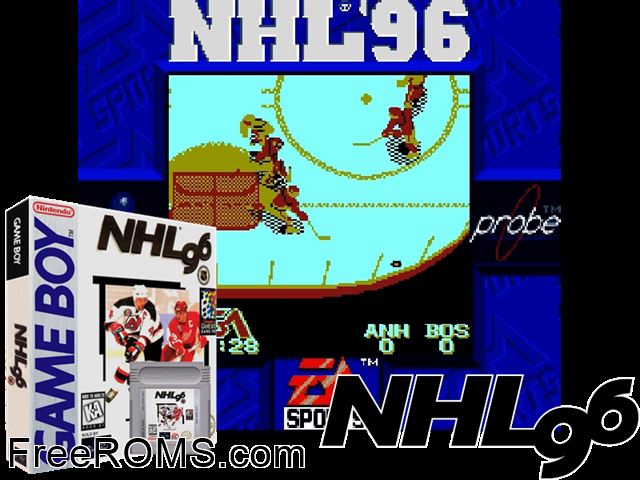 Nhl Hockey 96 Gameboy Color game showing 3D box cover and gameplay screenshot