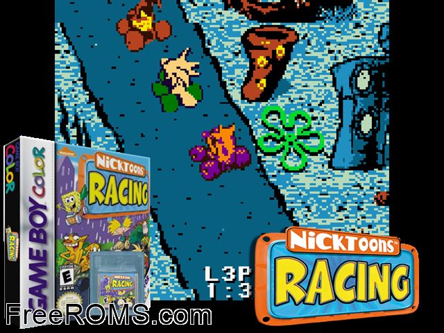 Nicktoons Racing Gameboy Color game showing 3D box cover and gameplay screenshot