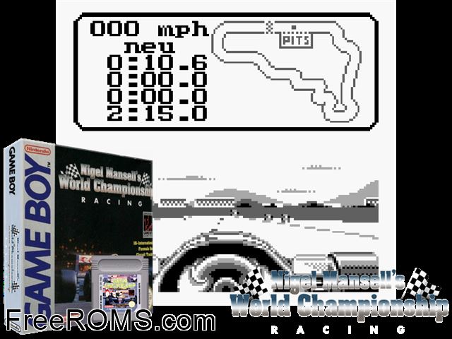Nigel Mansells World Championship 92 Gameboy Color game showing 3D box cover and gameplay screenshot