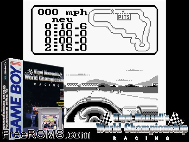 Nigel Mansells World Championship 93 Gameboy Color game showing 3D box cover and gameplay screenshot
