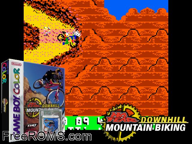 No Fear - Downhill Mountain Biking Gameboy Color game showing 3D box cover and gameplay screenshot
