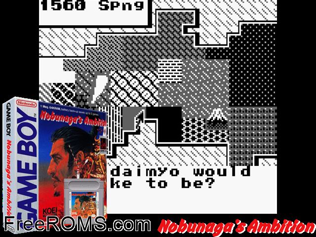 Nobunagas Ambition Gameboy Color game showing 3D box cover and gameplay screenshot