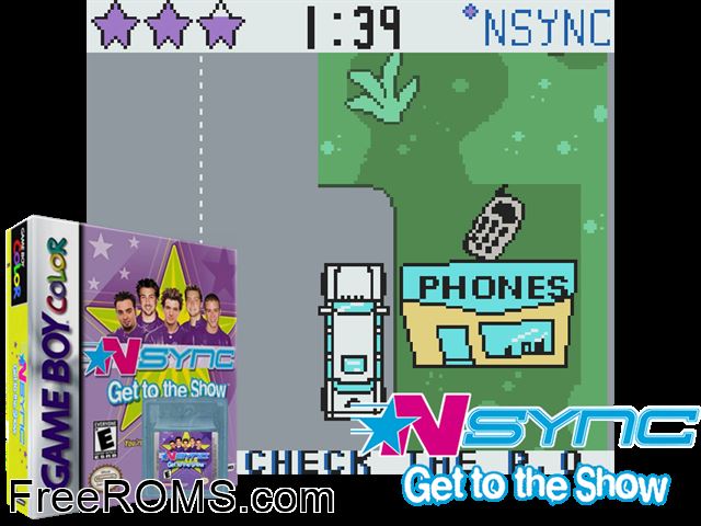 Nsync - Get To The Show Gameboy Color game showing 3D box cover and gameplay screenshot